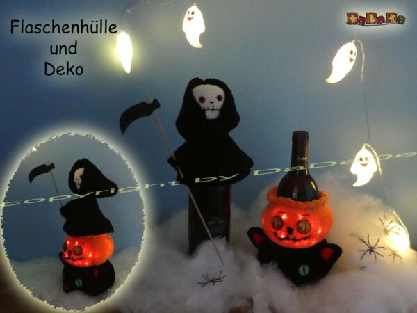 xKatze & Sensenmann3b Flaschen-Verpackung und Halloween-Deko, mit Katze, Kürbis & Sensenmann (H452)