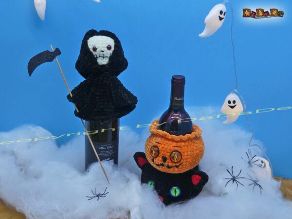 xKatze & Sensenmann4 Flaschen-Verpackung und Halloween-Deko, mit Katze, Kürbis & Sensenmann (H452)