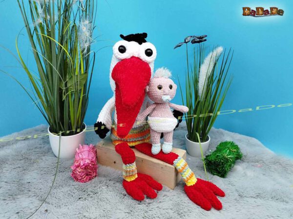 xMaulpuppe Storch mit Baby 2 Storch Plapper-Gerdi, die Hand-Maul-Puppe (B355)